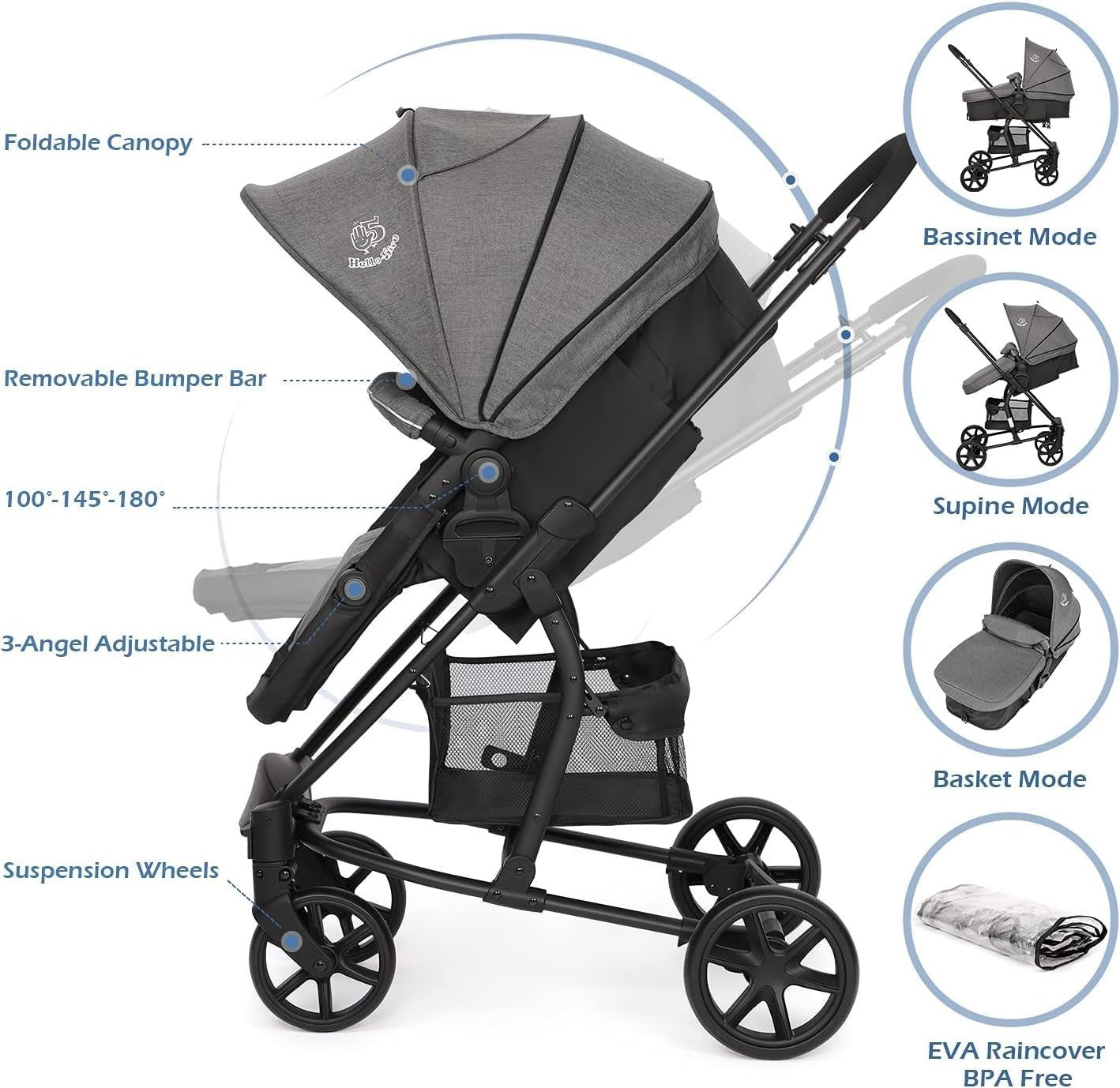 2in1 Baby Travel System Pushchair Reversible Seat Carrycot Lie-Flat Foldable
