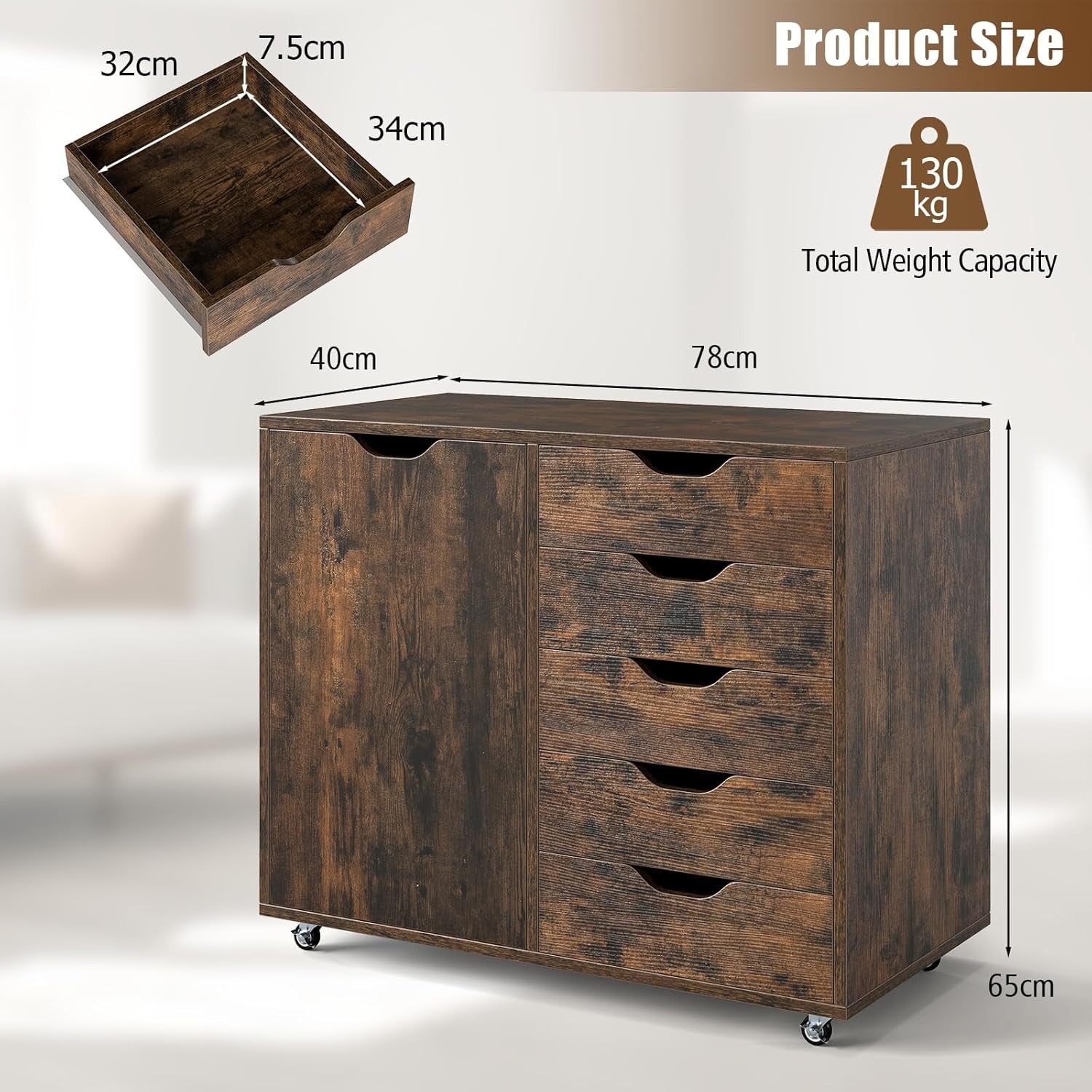 Rustic Brown Mobile File Cabinet 78x40x65cm 5 Drawer Printer Stand
