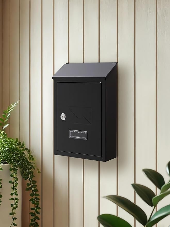 Lockable Wall Mounted Mailbox Black Steel Weatherproof Post Box A5 Slot