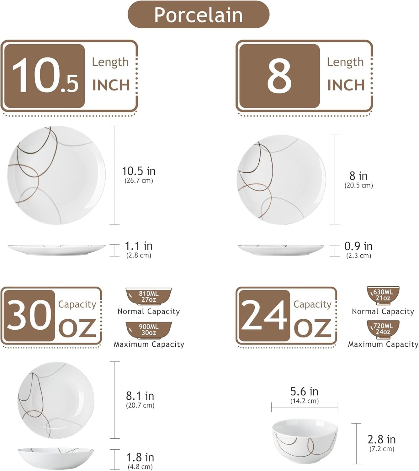 24 Piece Porcelain Dinner Set Plates Bowls Modern Line Design Dishwasher Safe