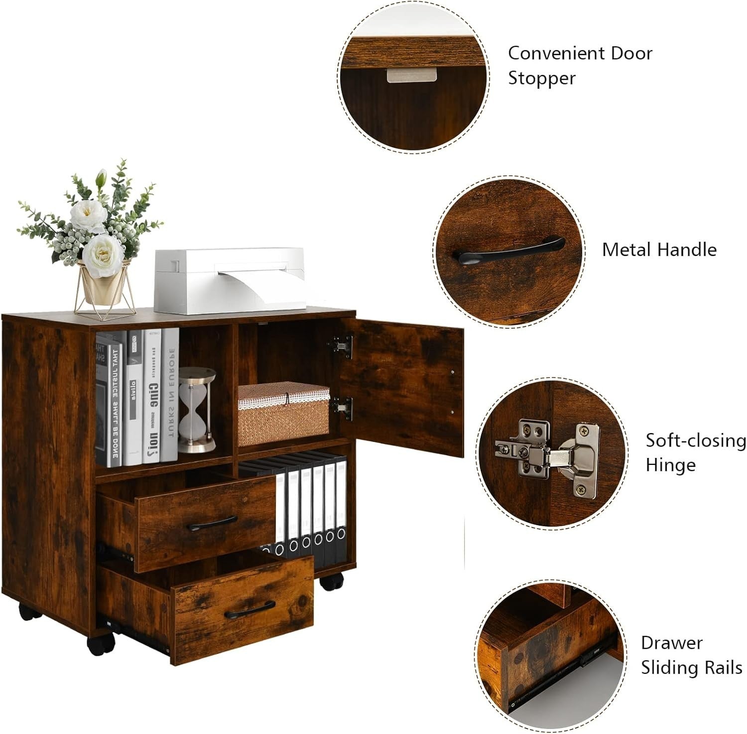 Rustic Brown Mobile File Cabinet 80cm Printer Stand Storage Unit
