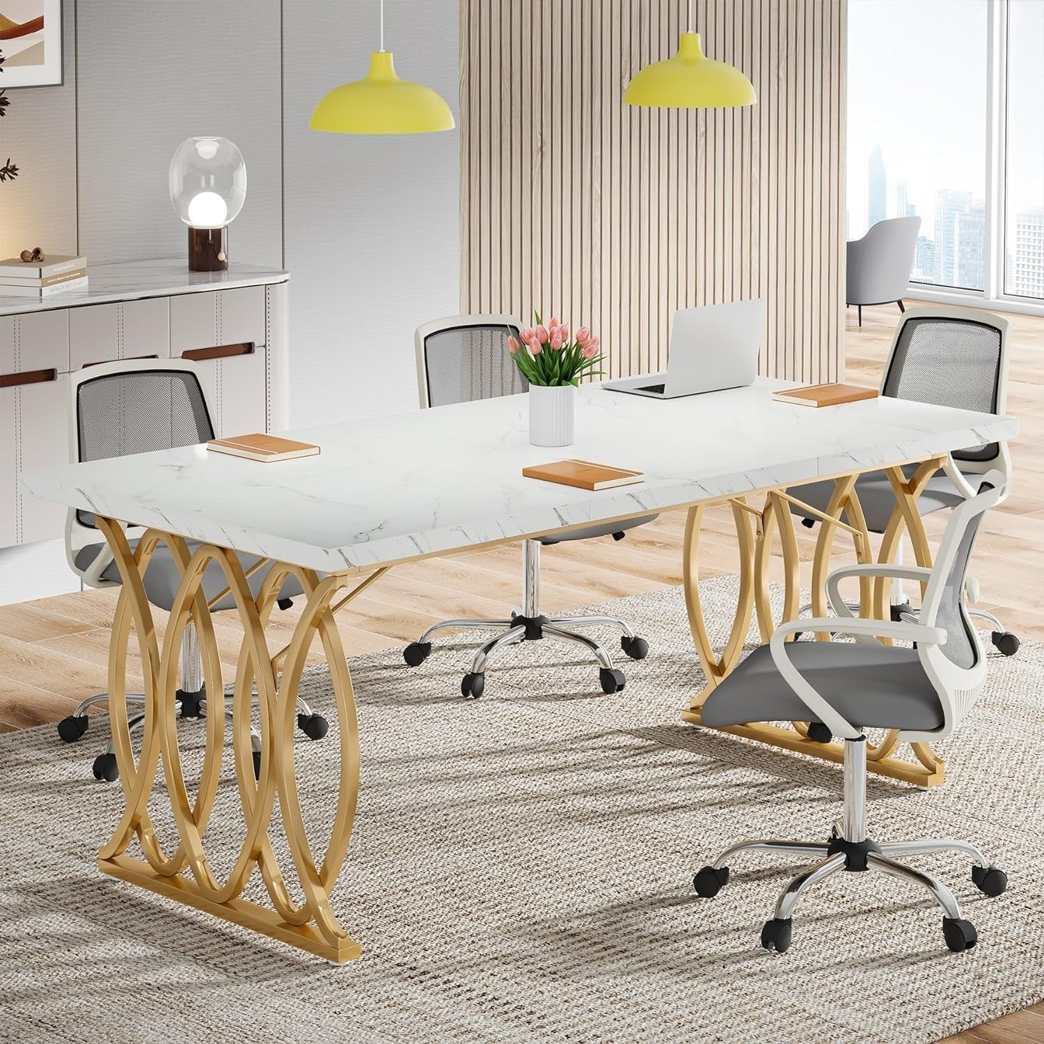 White & Gold Executive Desk 160cm – Large Modern Office Table w/ Storage