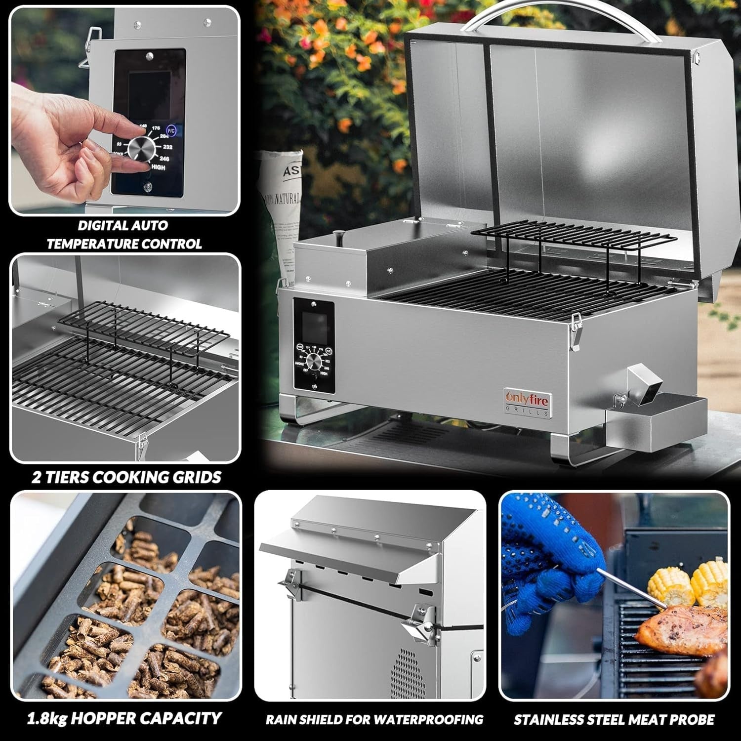 Portable Pellet Smoker BBQ Grill Tabletop 8-in-1 Outdoor Cooker