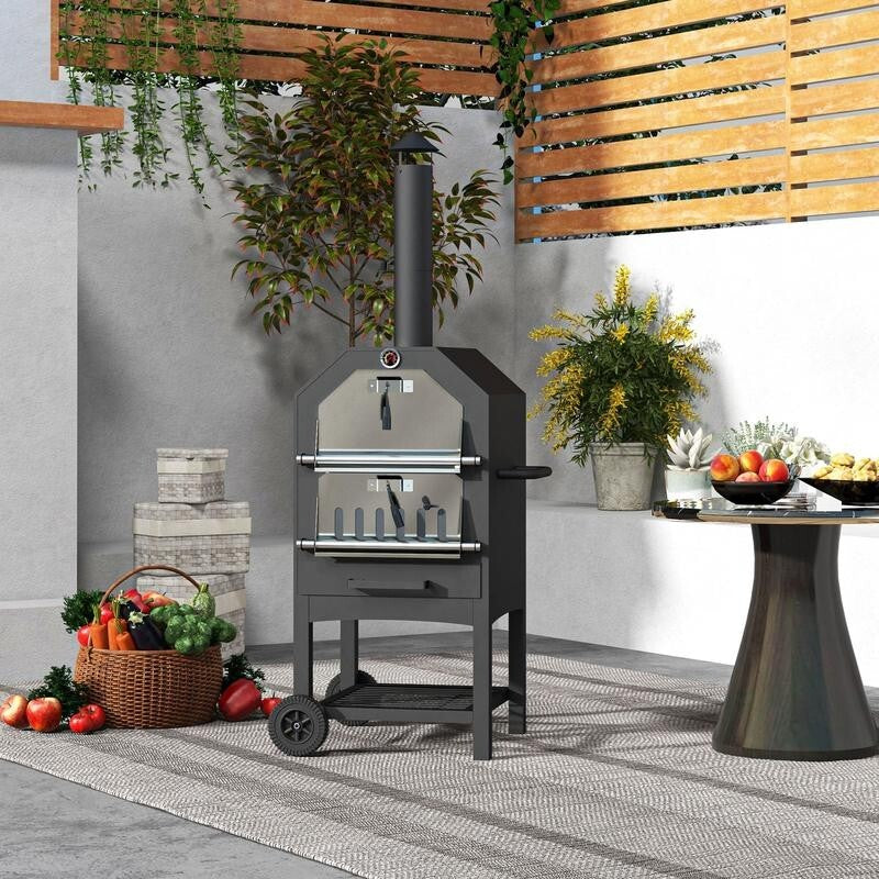 3-Tier Outdoor Pizza Oven BBQ Grill Smoker w/ Chimney, Shelves, Wheels