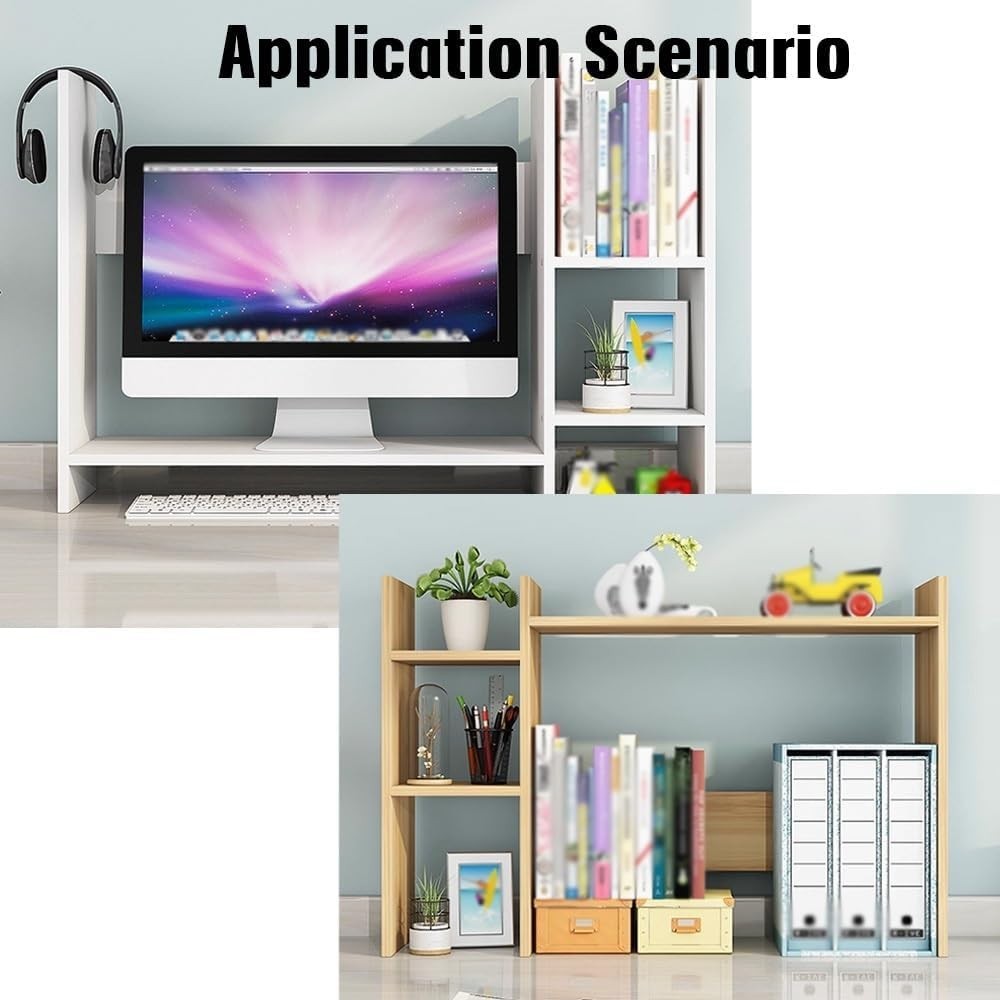 Wood Desk Hutch Organizer Natural 5-Compartment Desktop Bookshelf 88.6×30×58.3cm