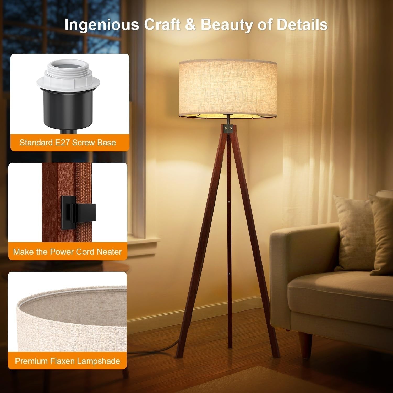 Modern Tripod Floor Lamp Brown E27 Wood Legs, Flax Shade Home Office
