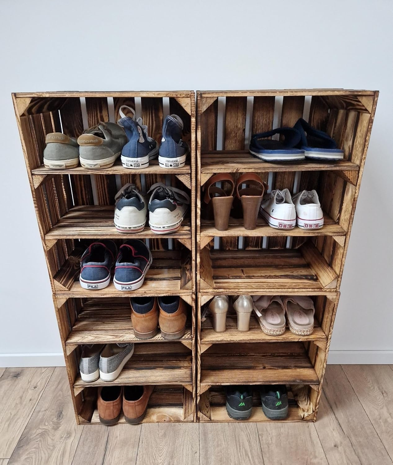 Wooden Tiered Storage Crates 2-Shelf Freestanding Organizer short burnt