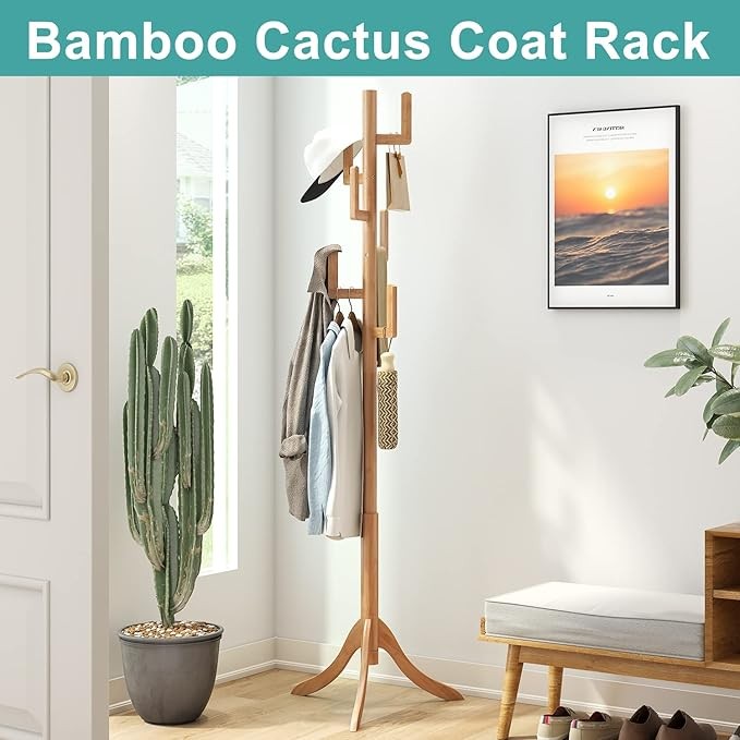 Natural Bamboo Coat Rack Freestanding 6 Hooks | Adjustable Wooden Hall Tree Stan