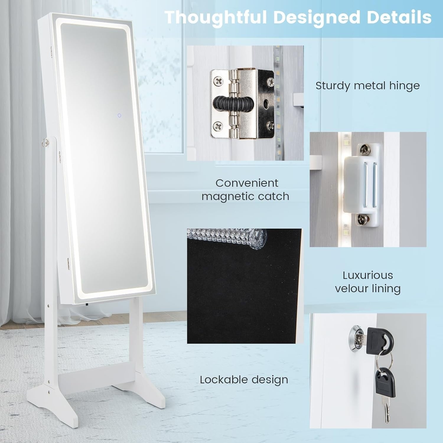 White LED Jewelry Cabinet Mirror Lockable 3-Color Light Storage Stand