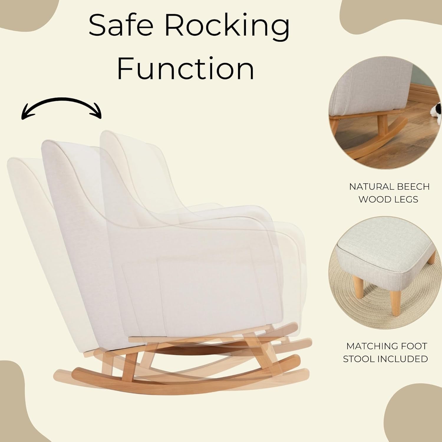 Luxury Nursery Rocking Chair w/ Footstool - Comfy, Stylish, Soft Fabric