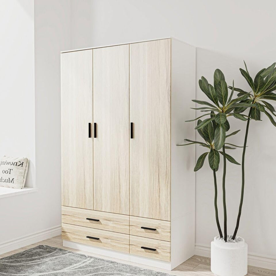 Modern 3-Door 4-Drawer Wardrobe with Hanging Rail & Storage Shelf – Oak/White