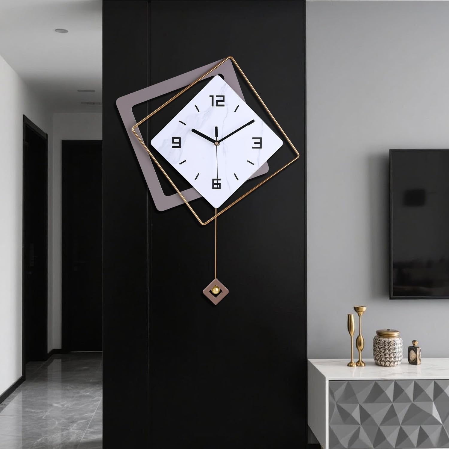 Modern Silent Wall Clock with Pendulum Large Quartz Battery Operated Decor