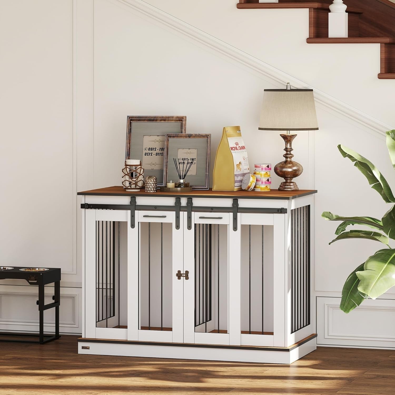 Large White Dog Crate Furniture with Divider, Sliding Doors & Side Table
