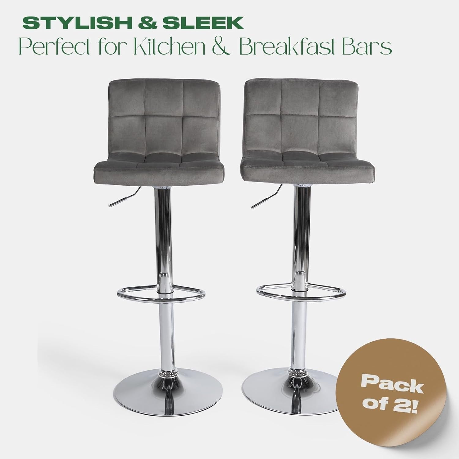 Set of 2 Adjustable Grey Velvet Bar Stools with Swivel & Footrest