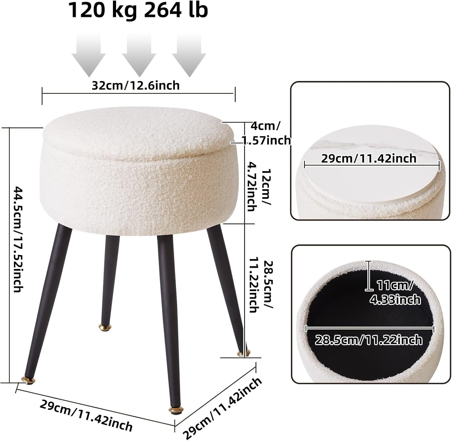 White Round Teddy Fur Stool with Storage – Soft Vanity Ottoman Chair