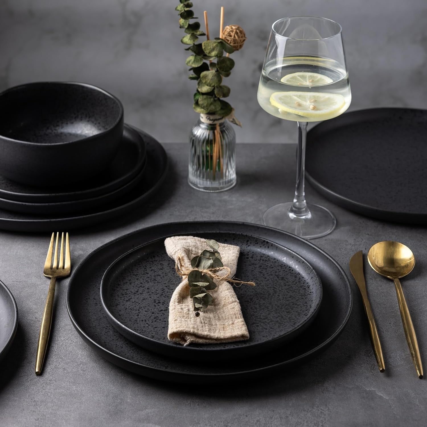 12pc Stoneware Dinner Set Matte Black Speckled Plates Bowls Service for 4