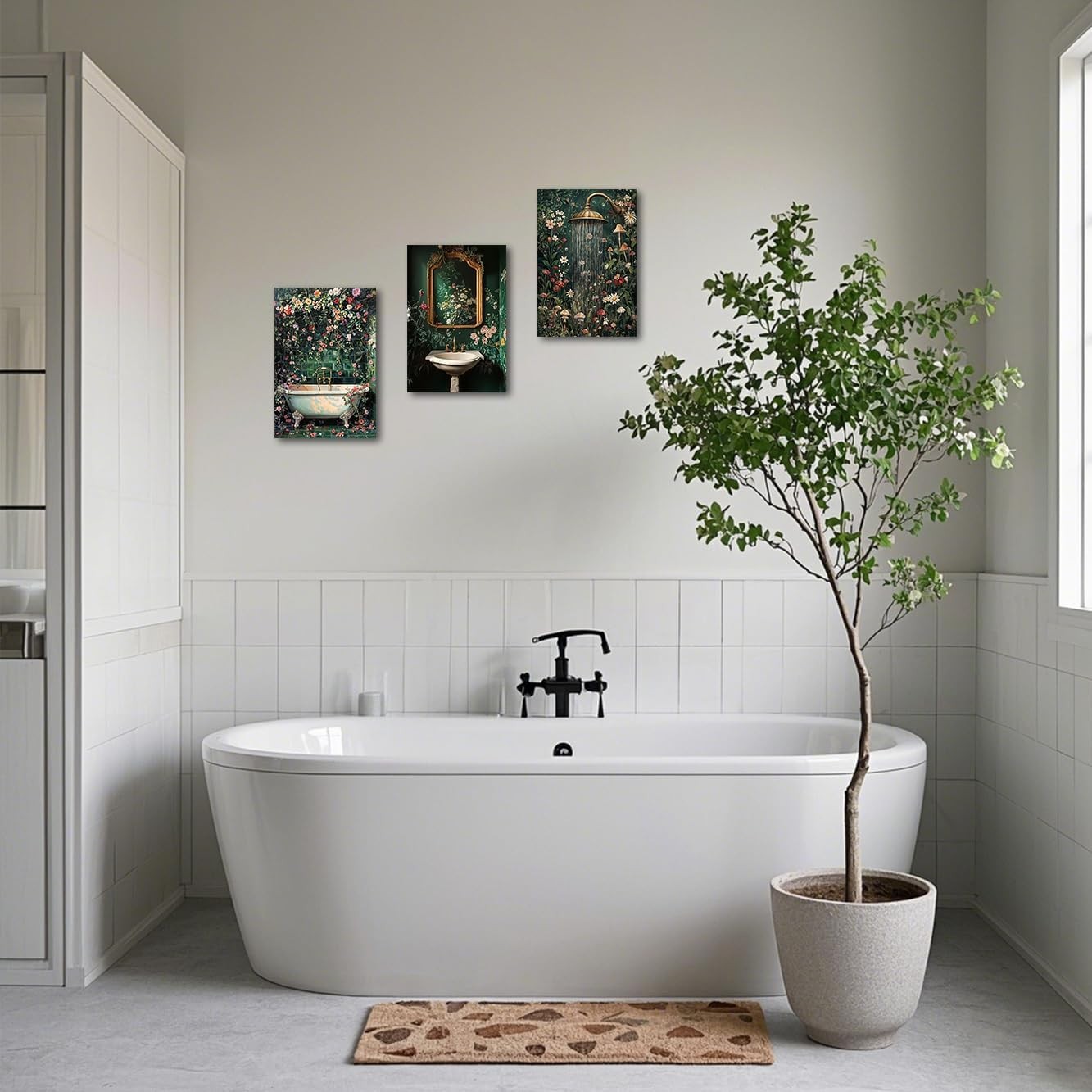 Dark Green Bathroom Wall Art 3 Piece Vintage Floral Canvas 11x14in