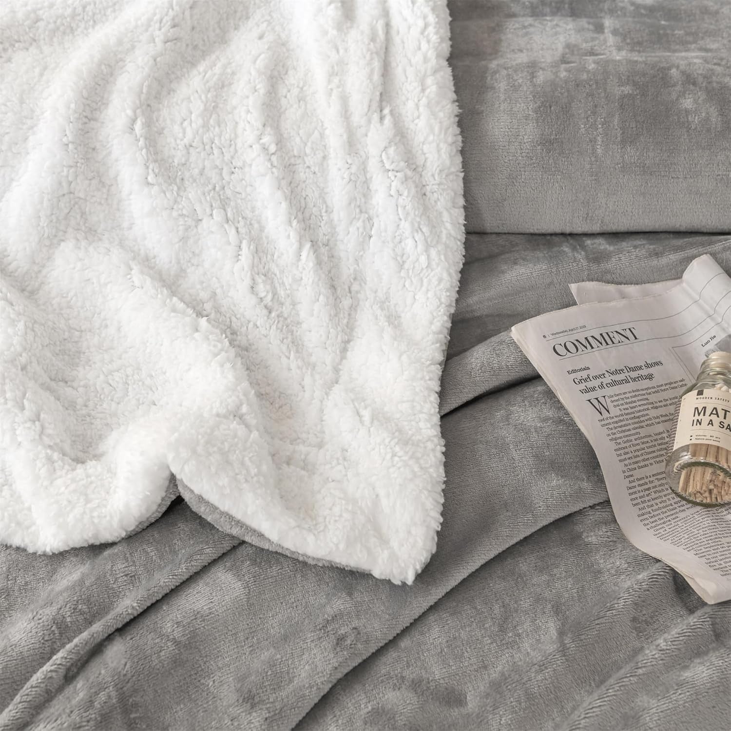 Soft Sherpa Fleece Throw Blanket Grey 130x150cm Reversible Warm