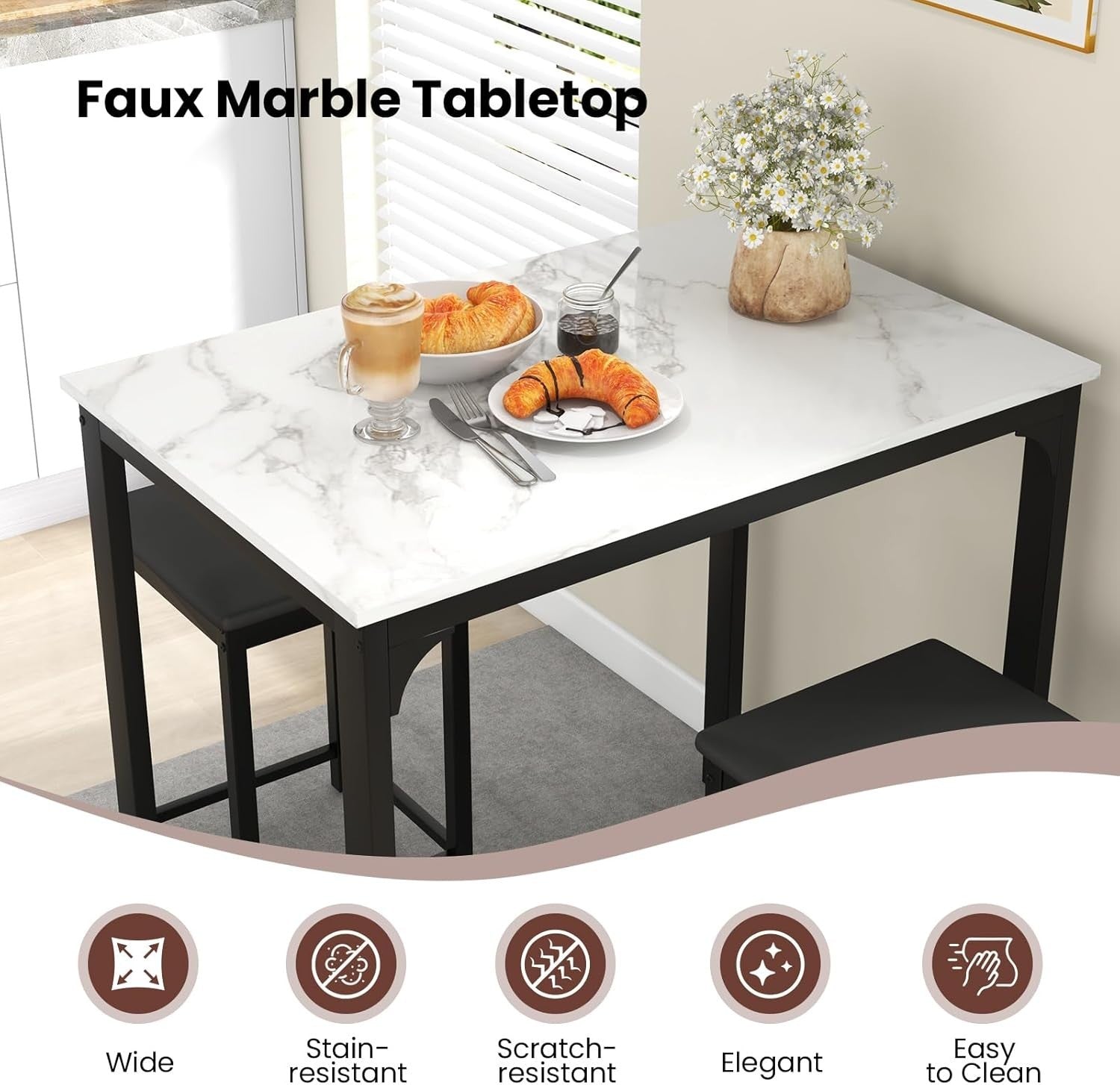 3-Piece Bar Table Set Marble Top & 2 Stools Space-Saving Dining White Furniture