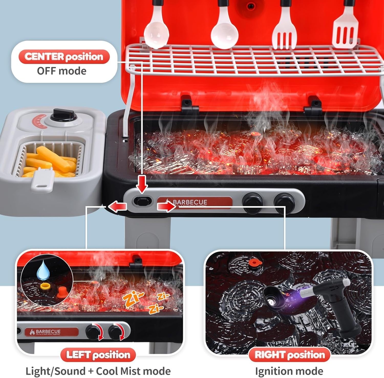 Kids BBQ Grill Toy Set w/ Lights Sounds Mist Spray Red Kitchen