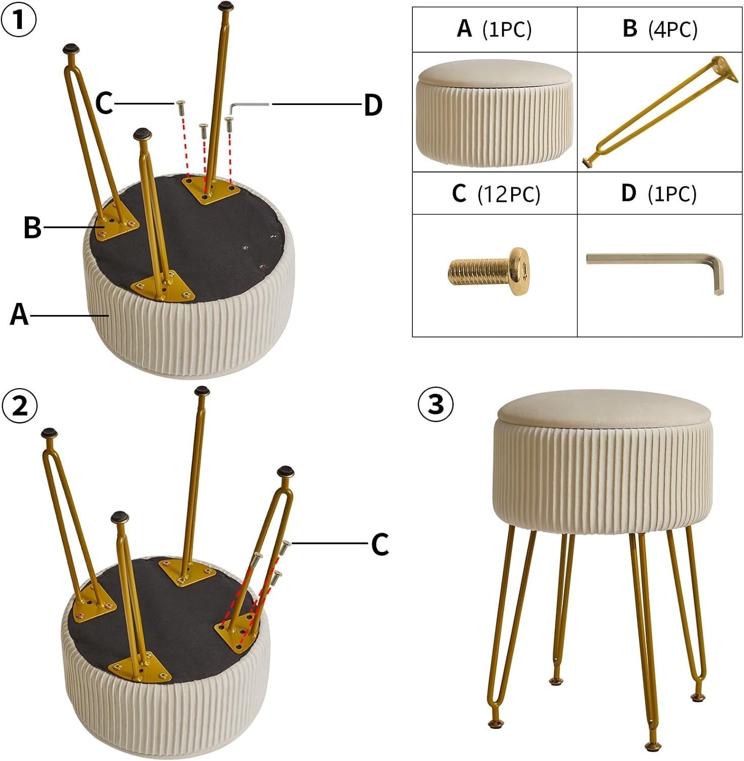 Velvet Round Storage Footrest Stool with Gold Legs – Creamy White Ottoman