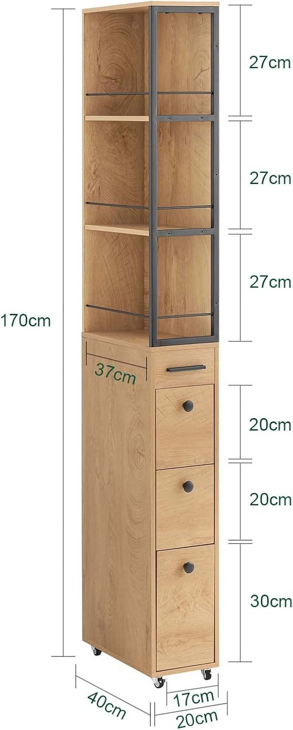 Slim Tall Kitchen Trolley, 3 Drawers & Shelves, Mobile Storage W20xD40xH170cm