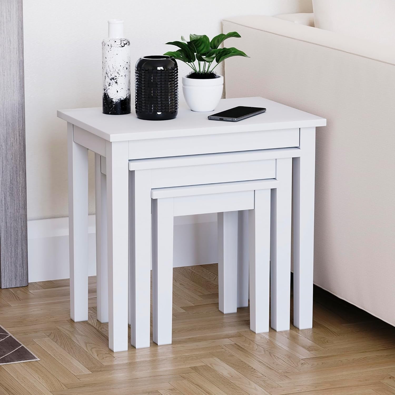 White Nesting Tables Set of 3 Modern Side End Coffee Table Wood Metal Frame