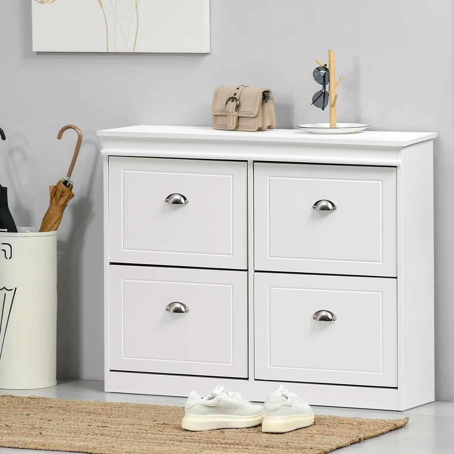 White Flip Down Shoe Cabinet with 4 Drawers & Adjustable Shelves 105x24x83cm