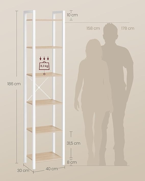 6-Tier Industrial Bookshelf Slim Beige White Metal Wood Tall Storage Unit