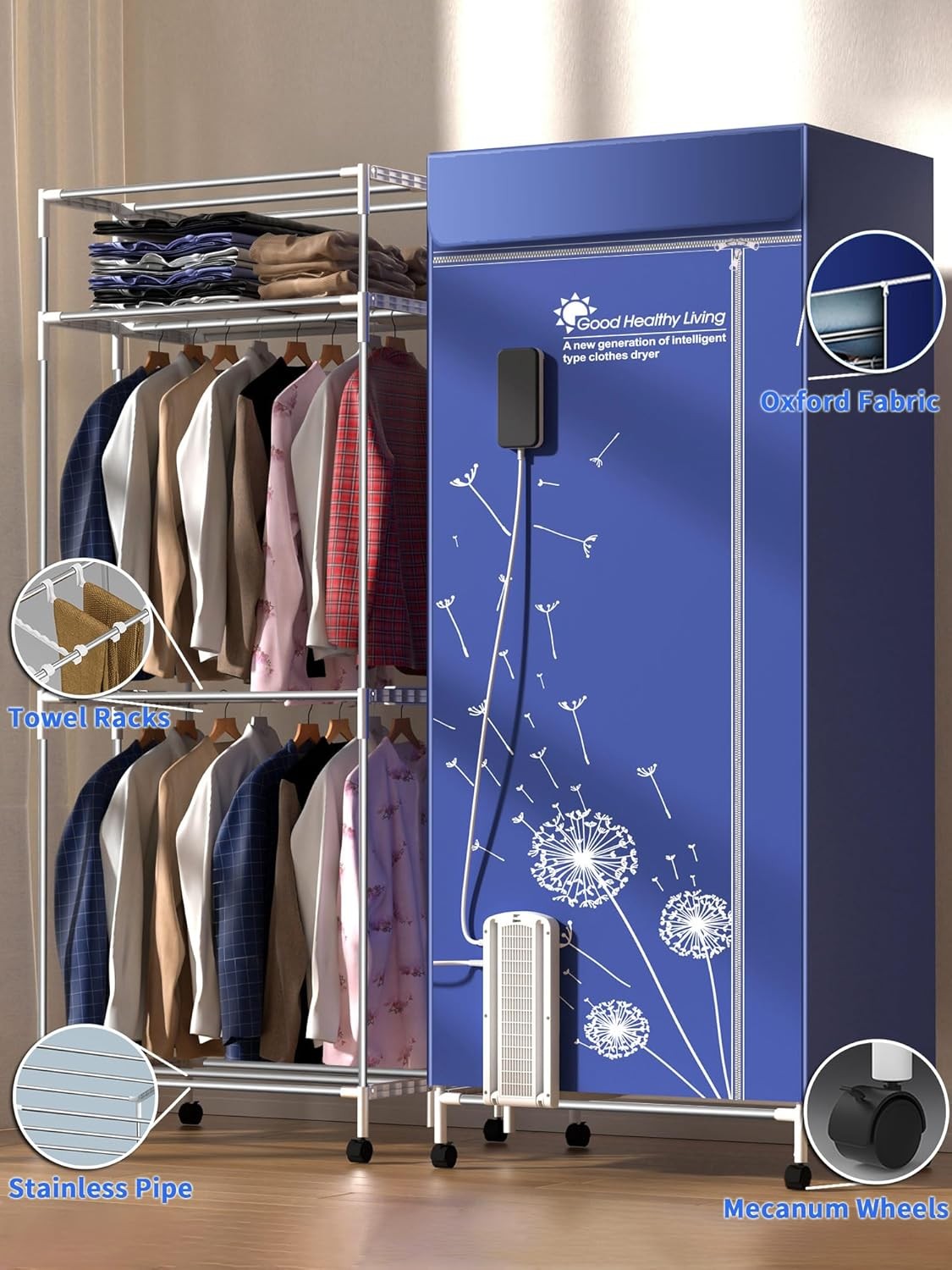 Electric Heated Clothes Airer 1600W 3-Tier Cabinet Dryer With Timer & Cover