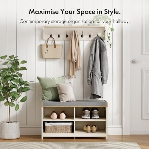 Cream Shoe Storage Bench with Cushion & 4 Shelves – Hallway Entryway Unit