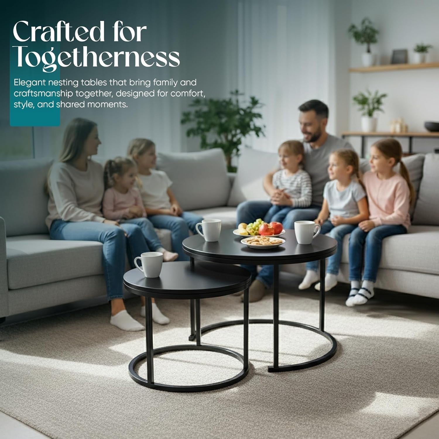 Round Nesting Coffee Tables Set for Living Room, Black Metal & Wood, Stackable