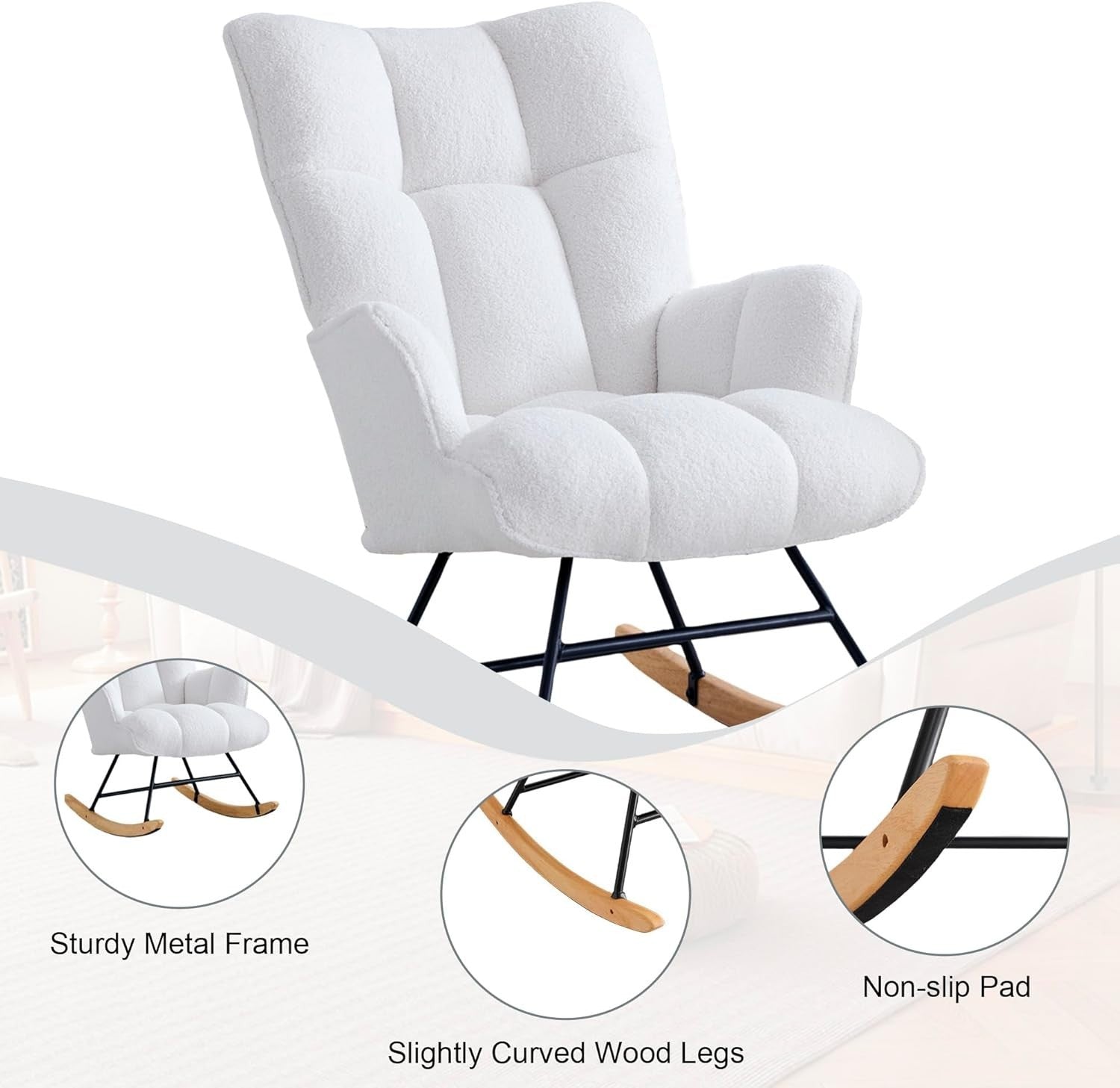 Rocking Chair Nursery Glider Comfy Armchair High Back Padded Seat White Teddy