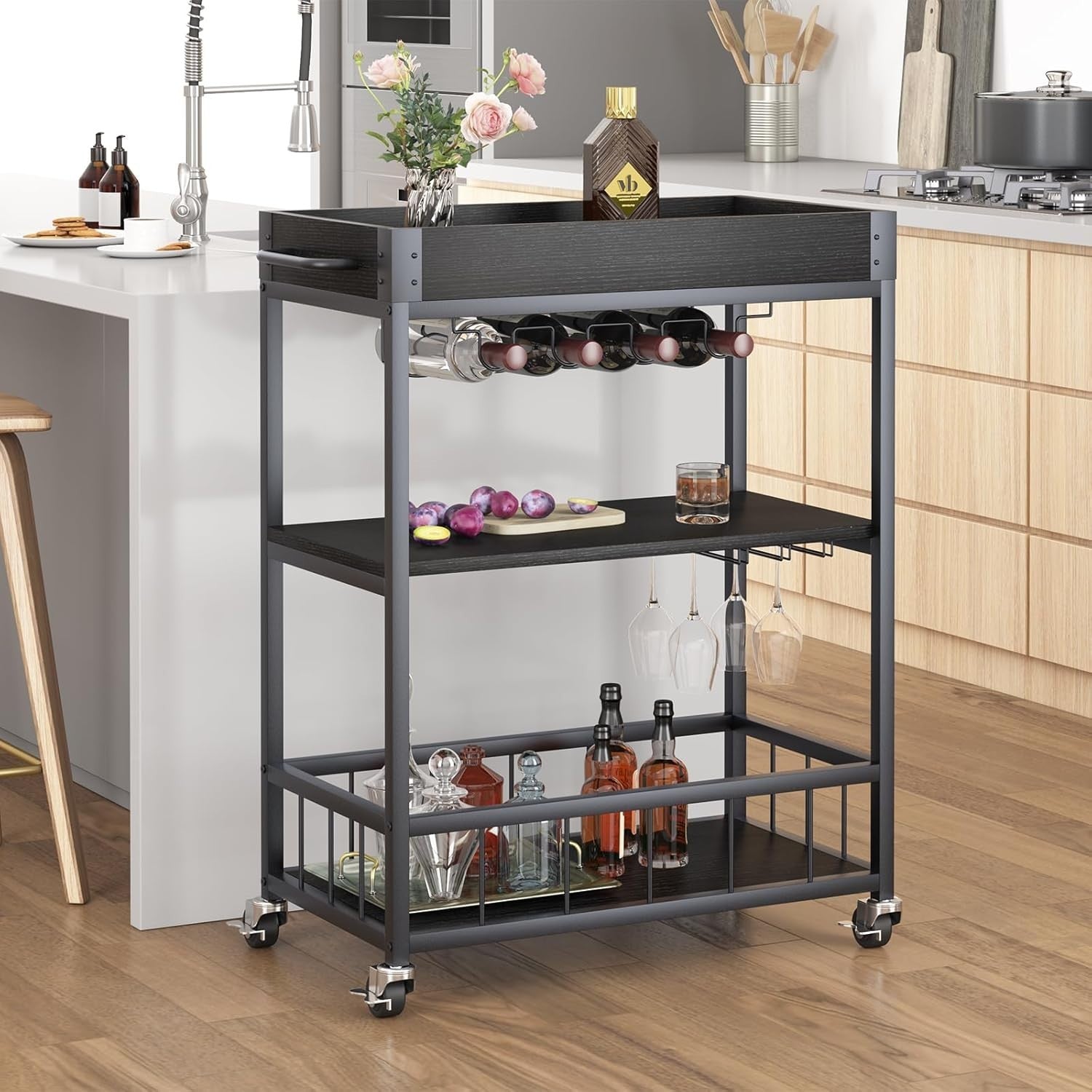 3 Tier Rolling Bar Cart with Wine Rack & Glass Holder Serving Trolley on Wheels