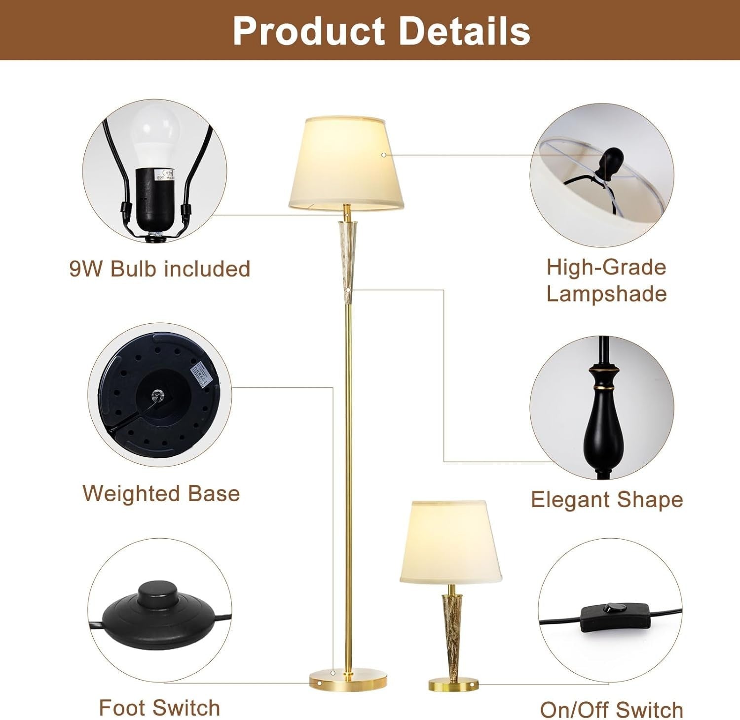 Modern 3-Piece Floor & Table Lamp Set with White Linen Shades, 51.5x20x60cm