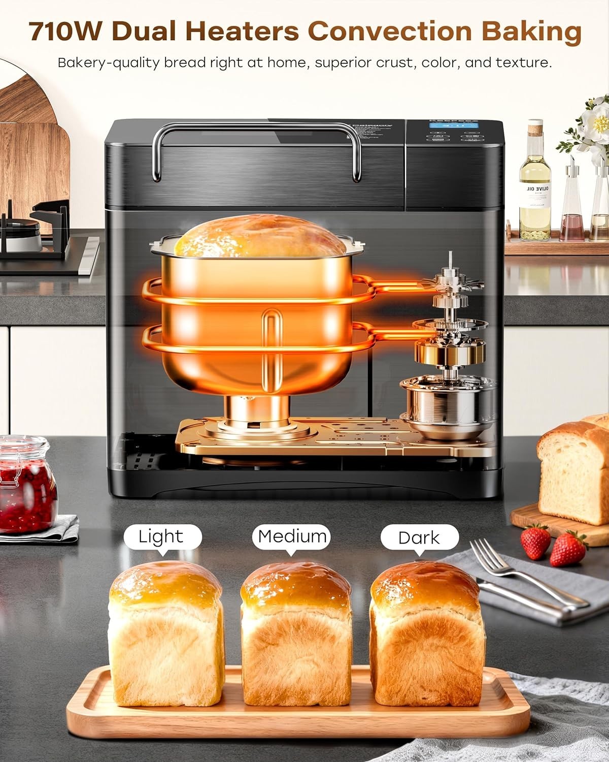 710W Convection Bread Maker 17-in-1 Ceramic Pan Auto Nut Dispenser Black