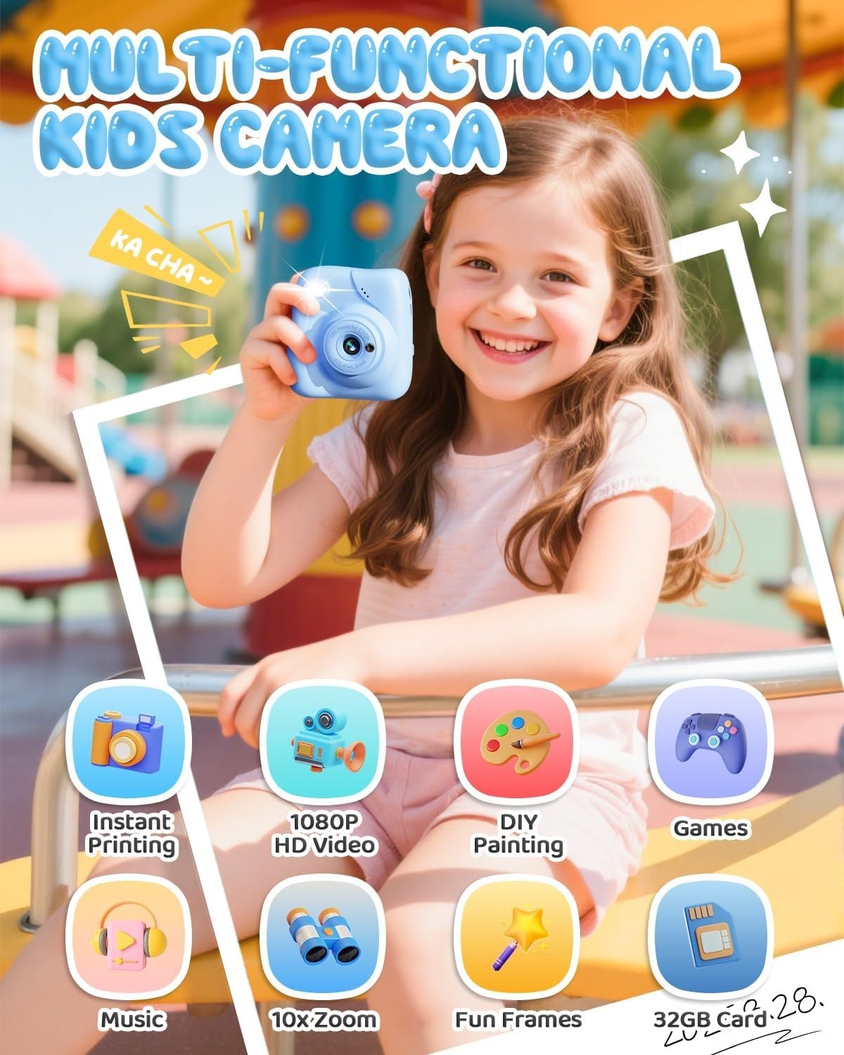 Kids Instant Print Camera 48MP 1080P Video 32GB Card Blue Toy Gift