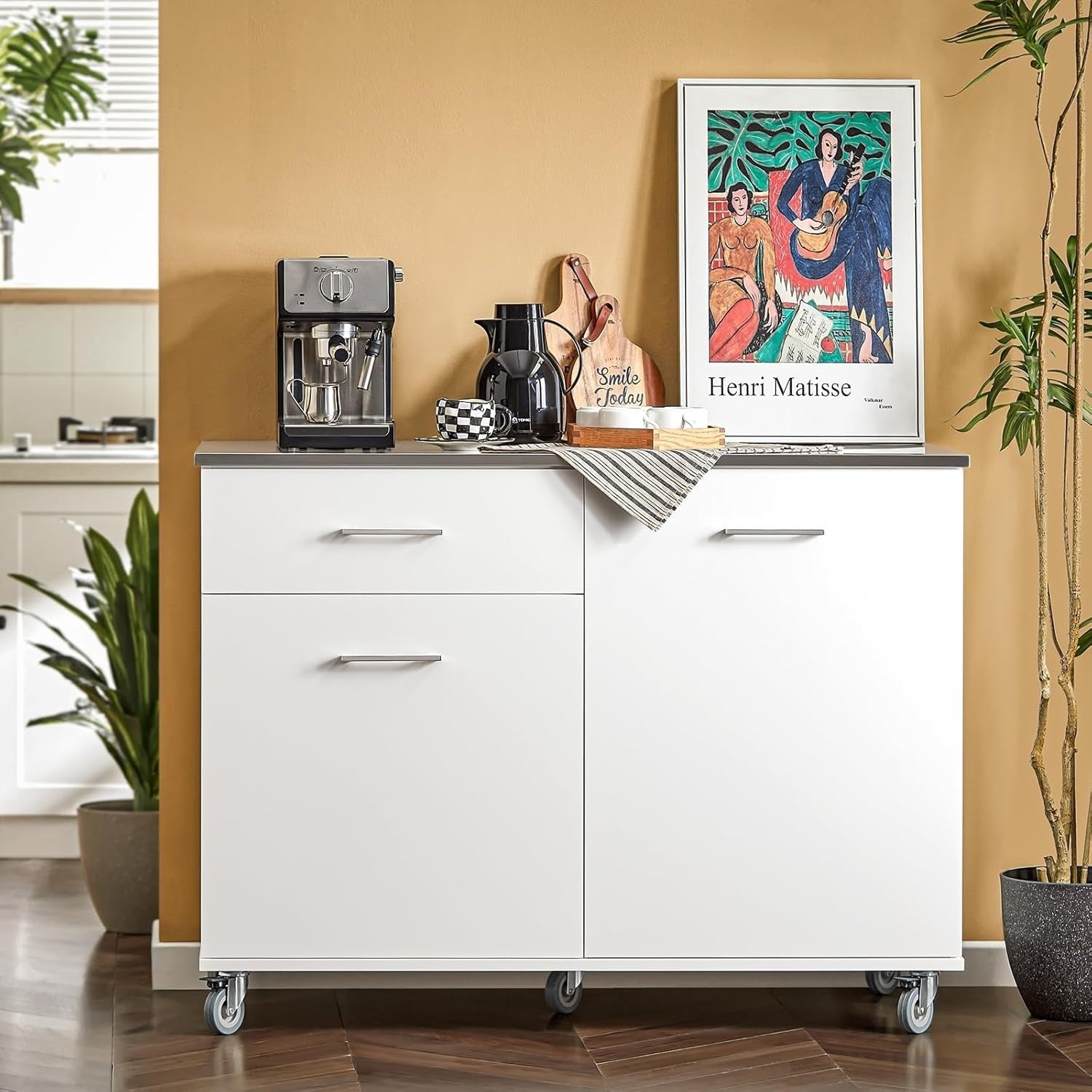 120cm White Rolling Kitchen Island Stainless Steel Top Cart