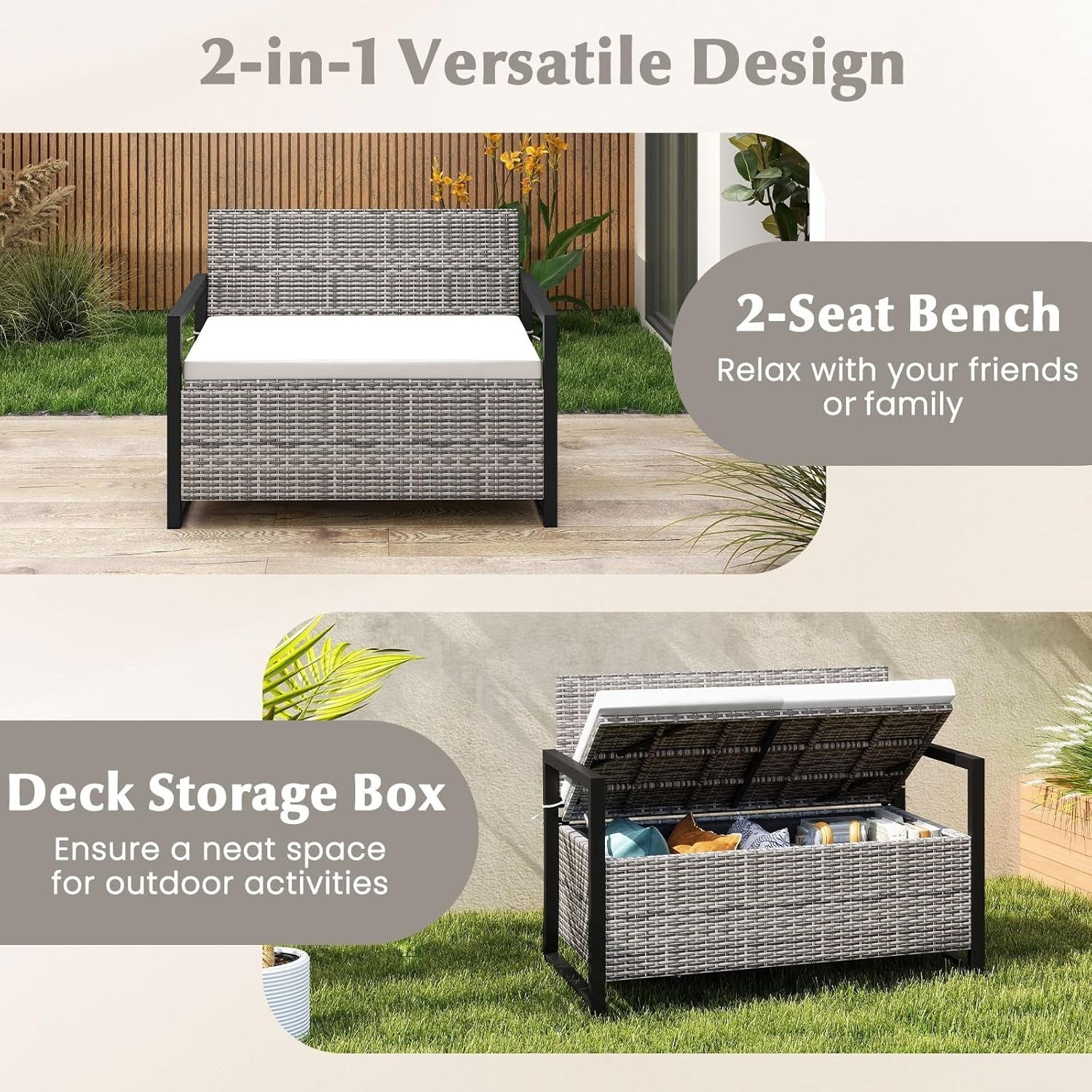 Outdoor 2-Seater PE Rattan Storage Bench with 150L Box & Padded Cushion, Gray