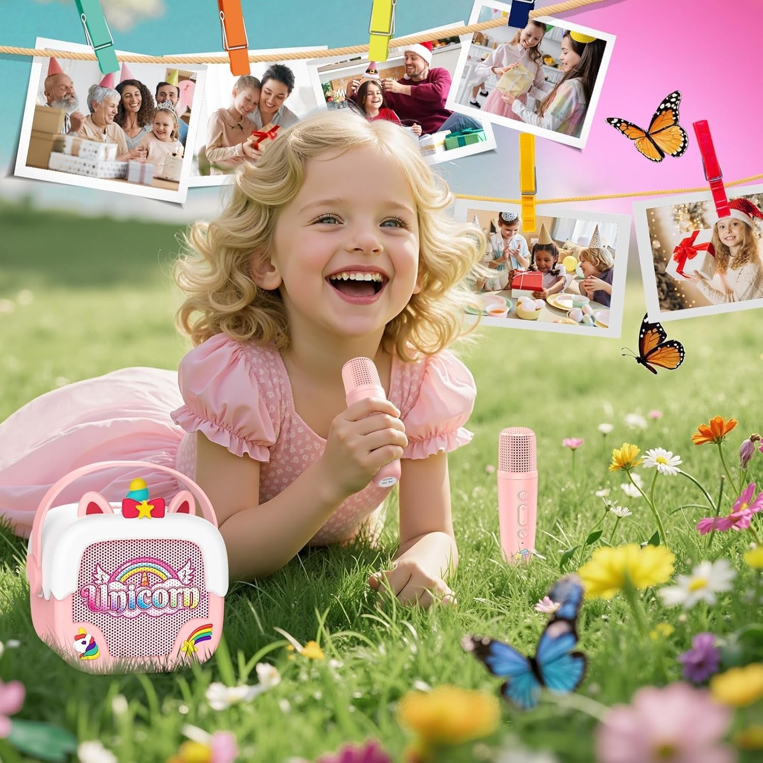 Pink Unicorn Kids Karaoke Machine with Mic Portable Speaker