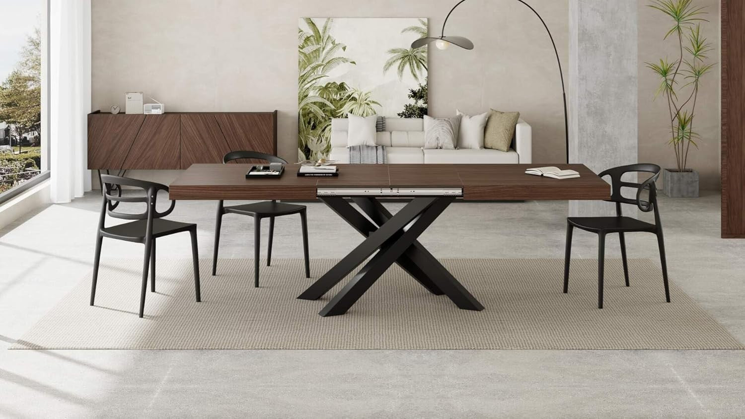 Extendable Walnut Dining Table 160–240cm w/ Black Cross Legs Modern