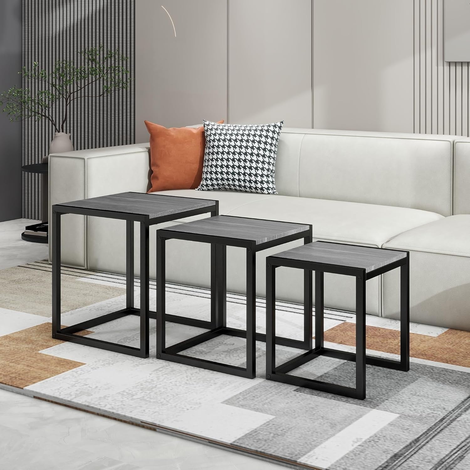 Set of 3 Grey Nesting Tables Wood Top Metal Legs Modern Living Room End