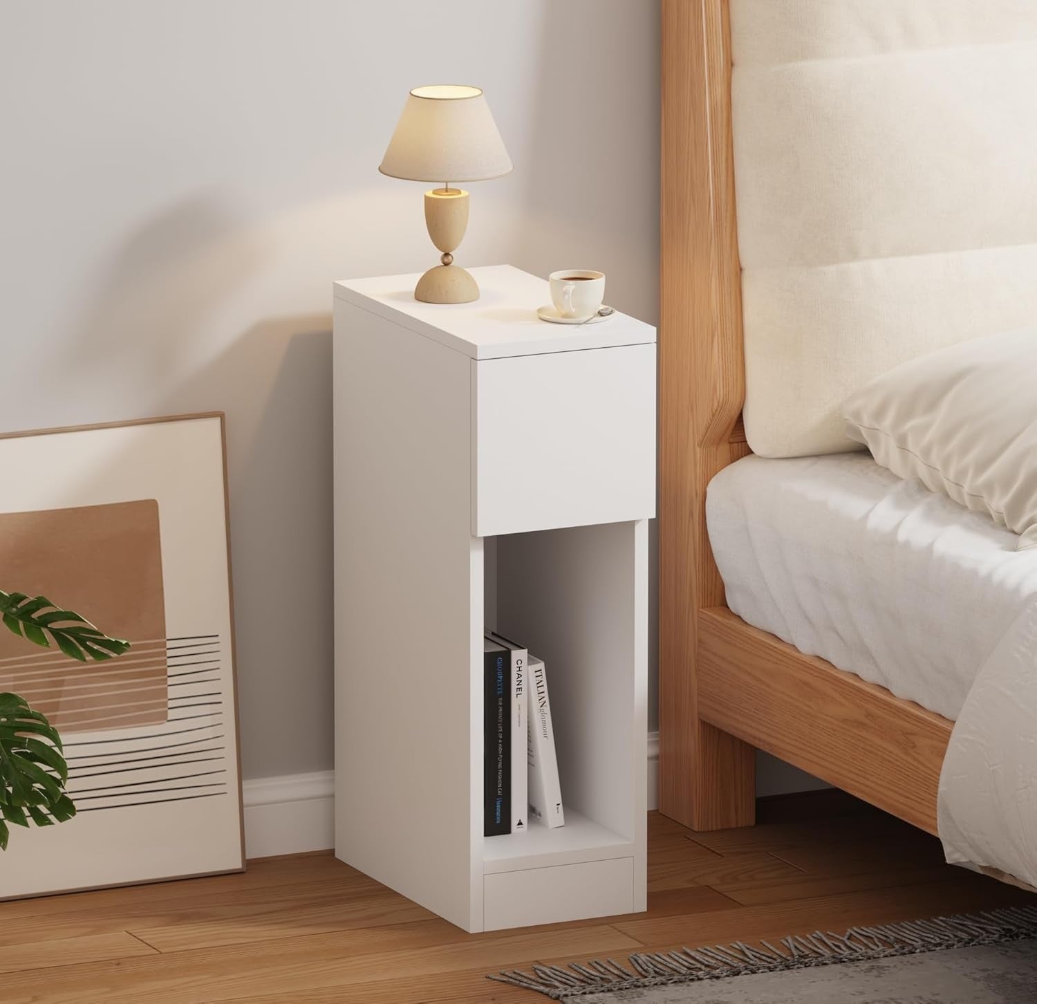 Slim White Bedside Table Drawer & Shelf, Narrow Nightstand for Small Spaces