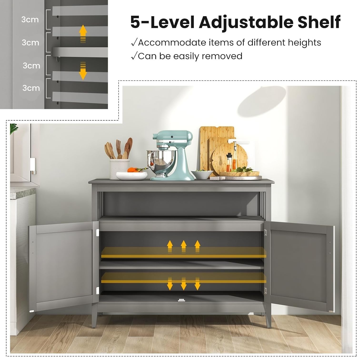 Gray Adjustable Shelf Sideboard Storage Cabinet Kitchen Dining Cupboard