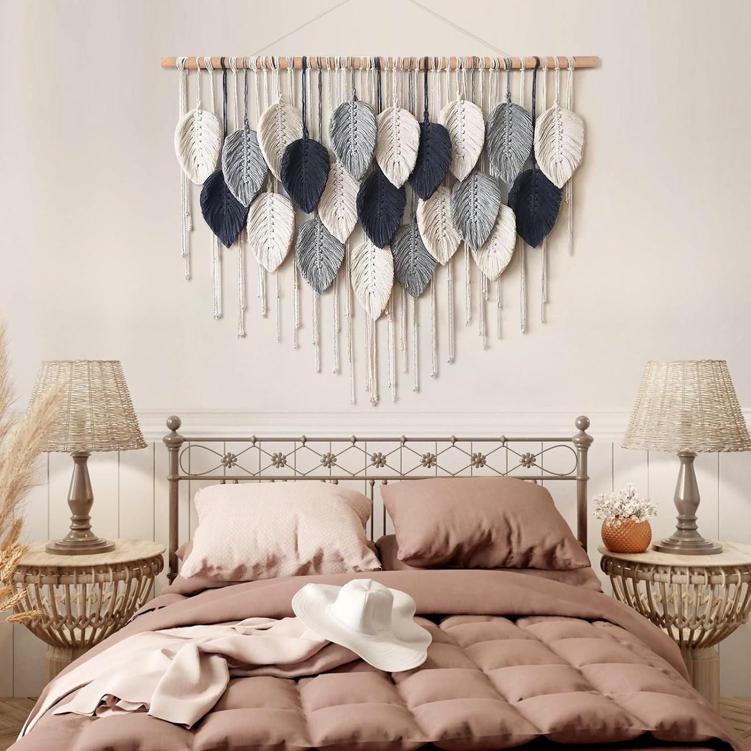 Large Boho Macrame Wall Hanging Leaf Woven Decor Blue