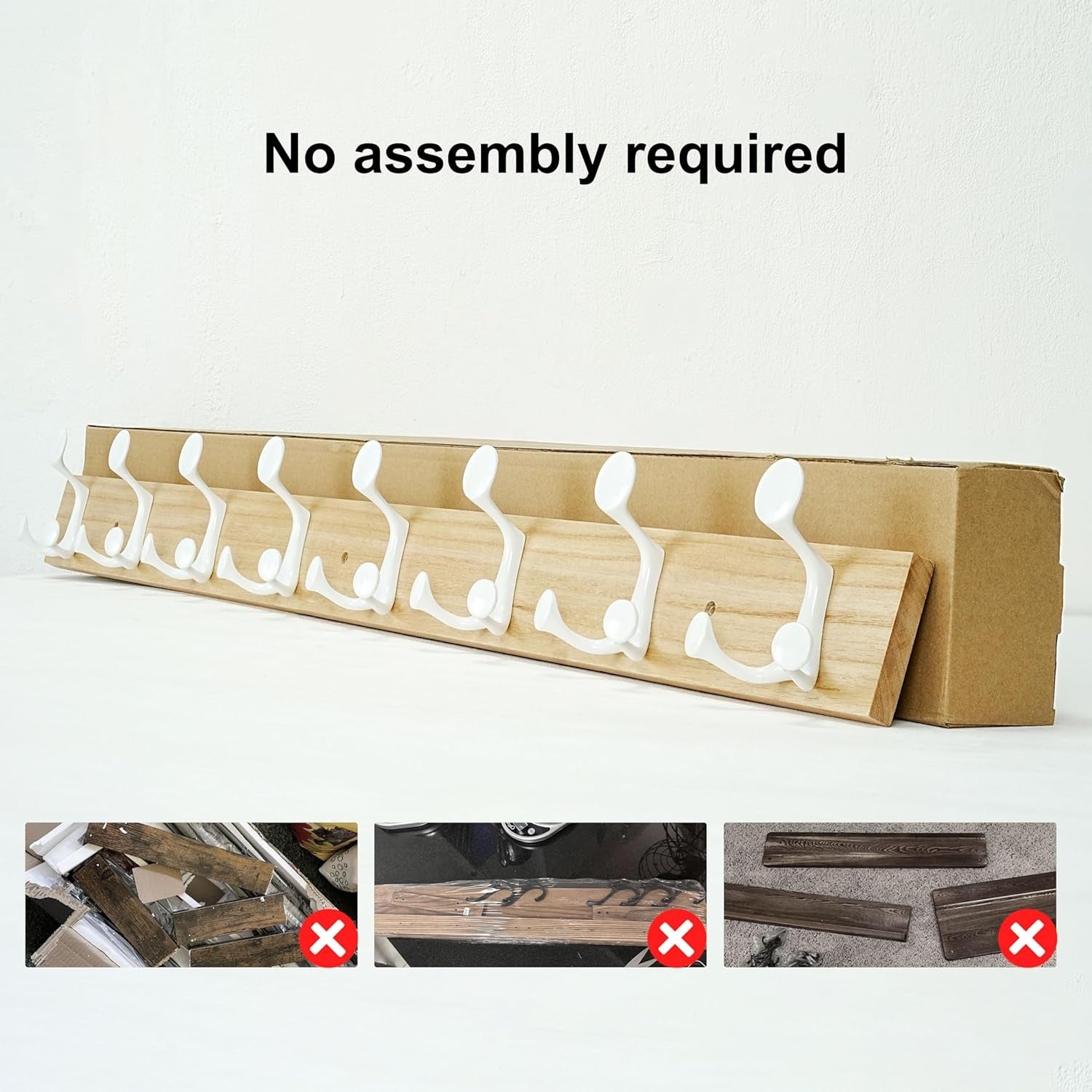 Natural Wood Wall Coat Rack 8 Triple Hooks | 43” Modern Hanging Rail