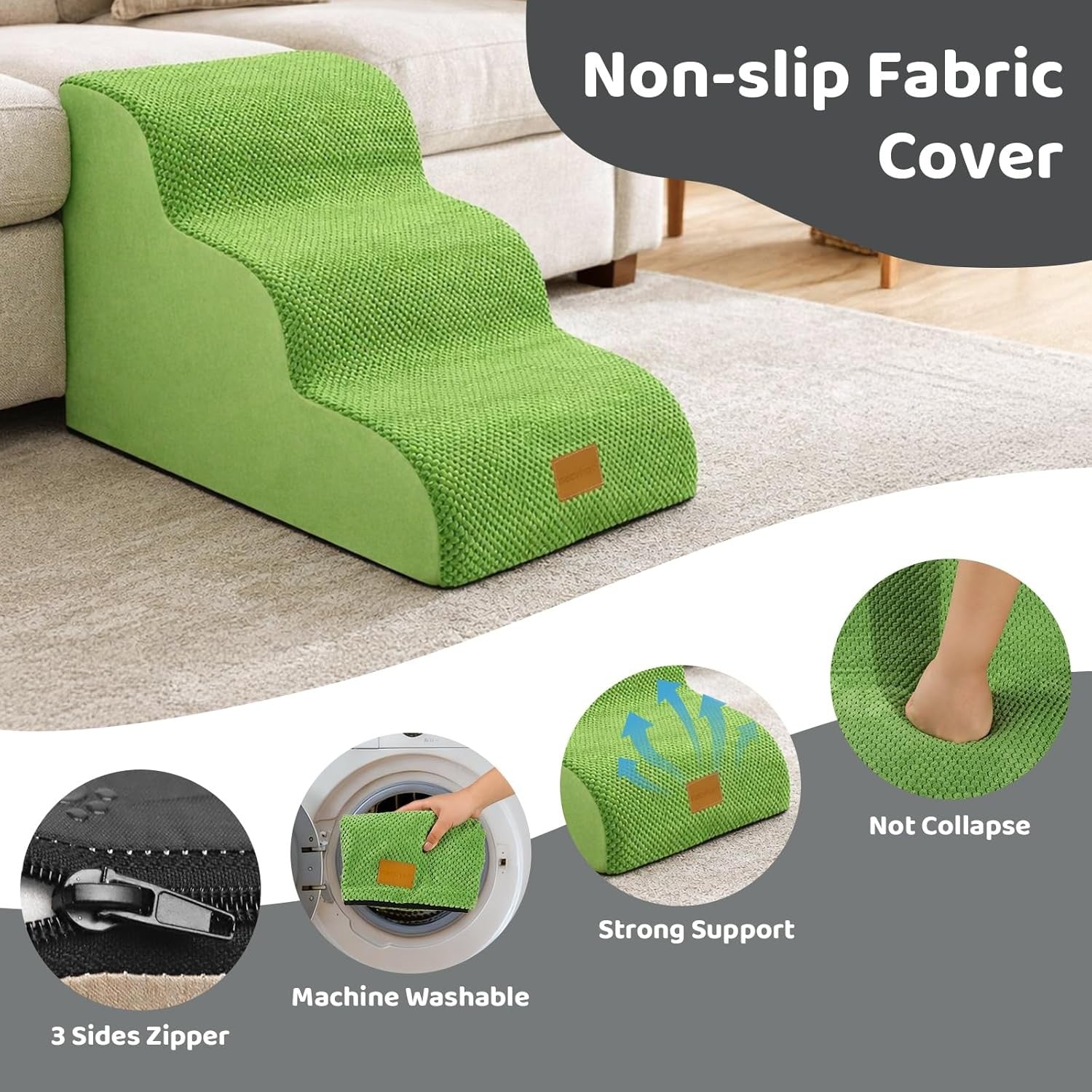 3 Step Dog Stairs for Bed Non Slip Foam Pet Ramp 57x40cm