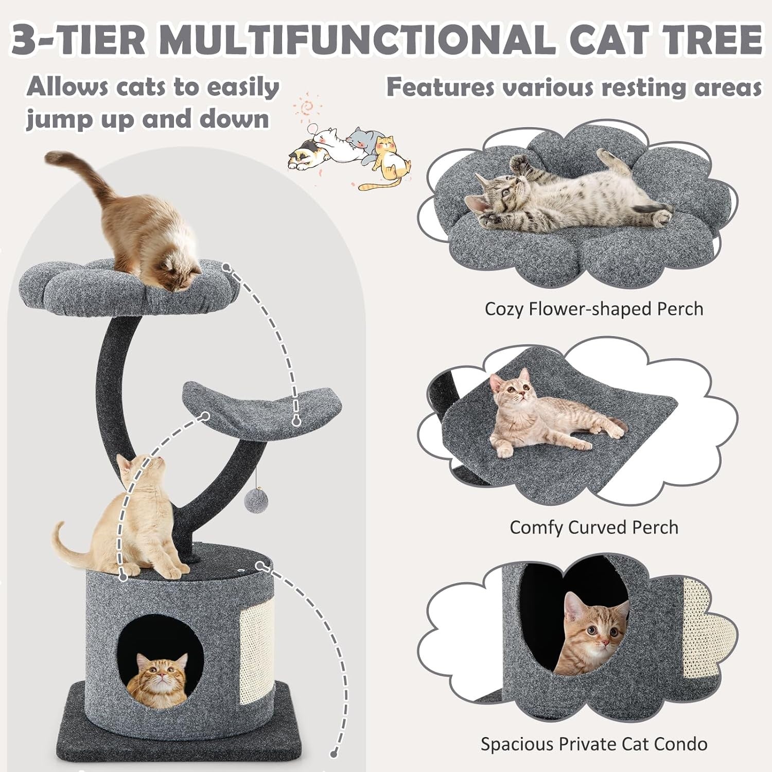 3 Tier Cat Tree Tower Grey Condo Scratching Post Top Perch Indoor Cats