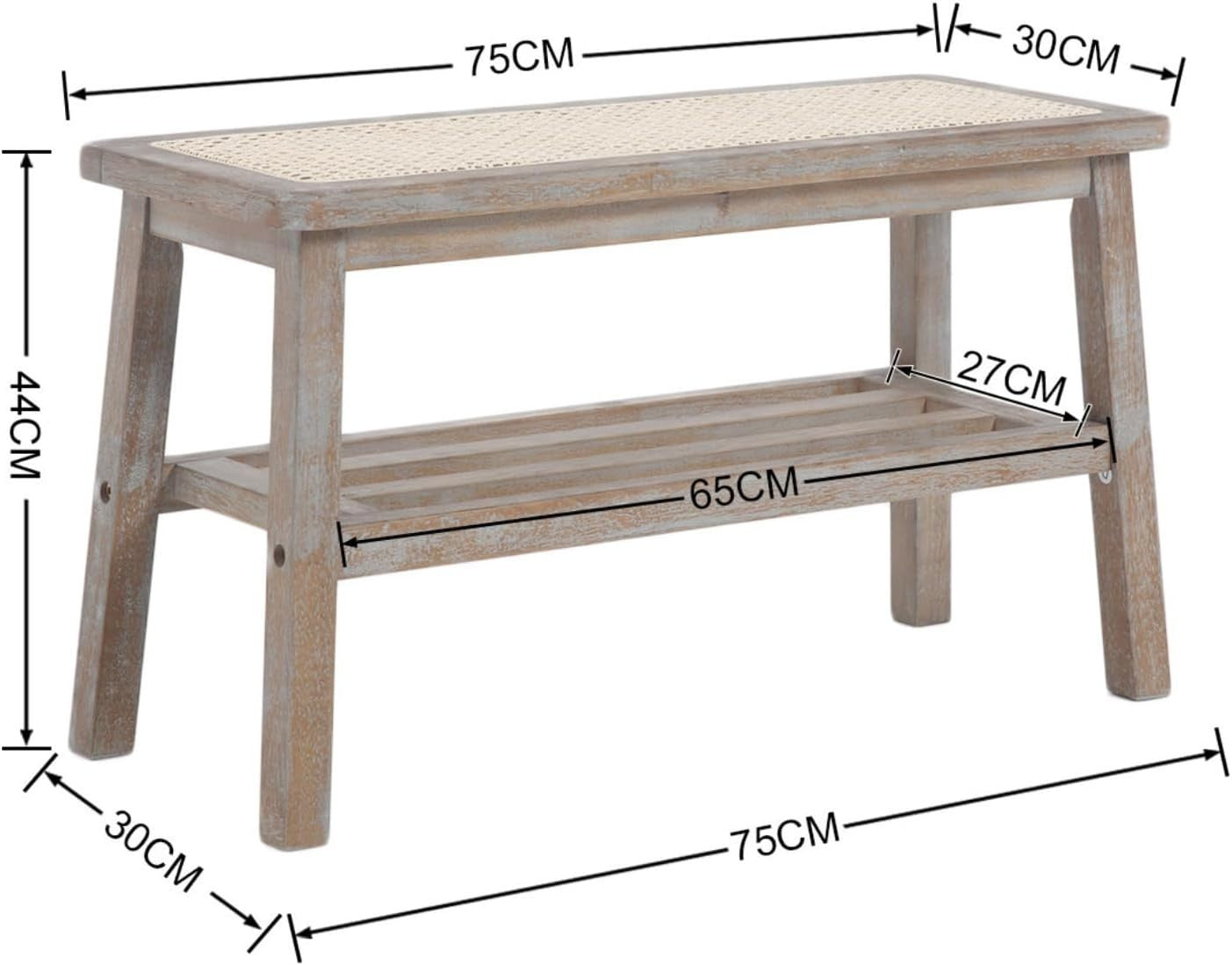 Mid Century Rattan Hallway Bench with Storage Rustic Wood Seat 75×30×44cm