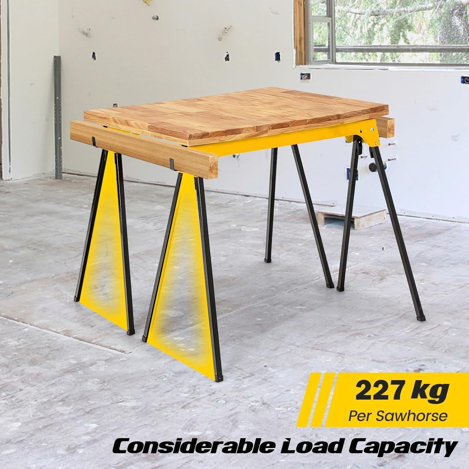 Yellow Folding Sawhorses 2-Pack Steel Trestles 227kg Load w/ Support Arms